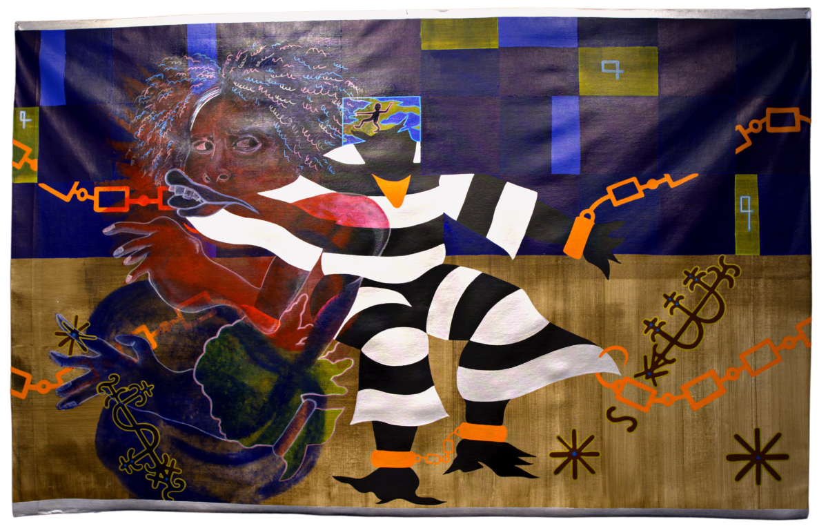 Democracy is Hypocrisy, Hope River, 2023, Acrylic, pastel, and pen on unstretched canvas, 160 x 100cm