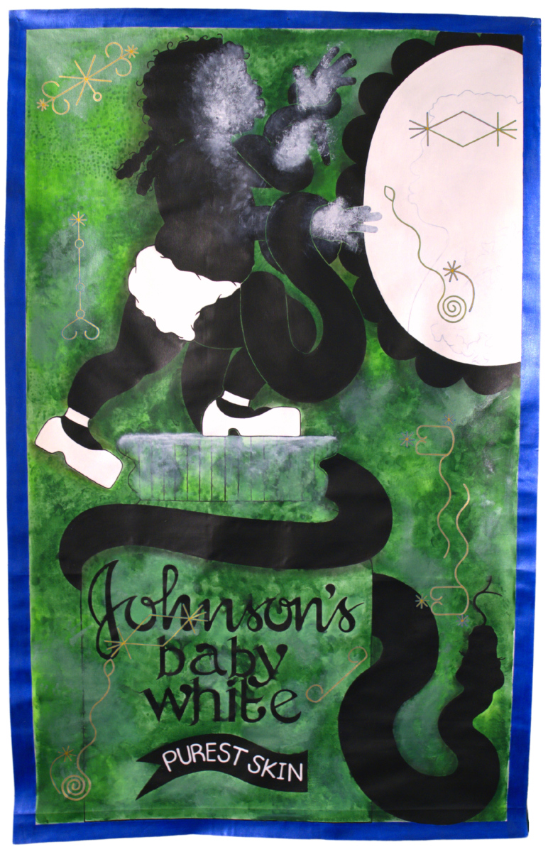 Johnson & Johnson Easing Skin Irritation of the Negro Since. 1994, Hope River, 2023, Acrylic and pen on unstretched canvas, 100 x 160cm