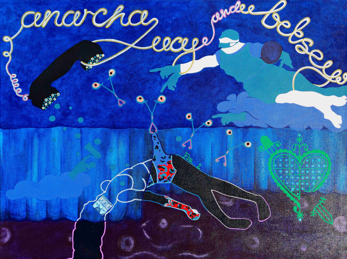 Anarcha, Lucy, and Betsey, Hope River, 2023, Acrylic, paper, and pen on canvas board, 59.4 x 42cm