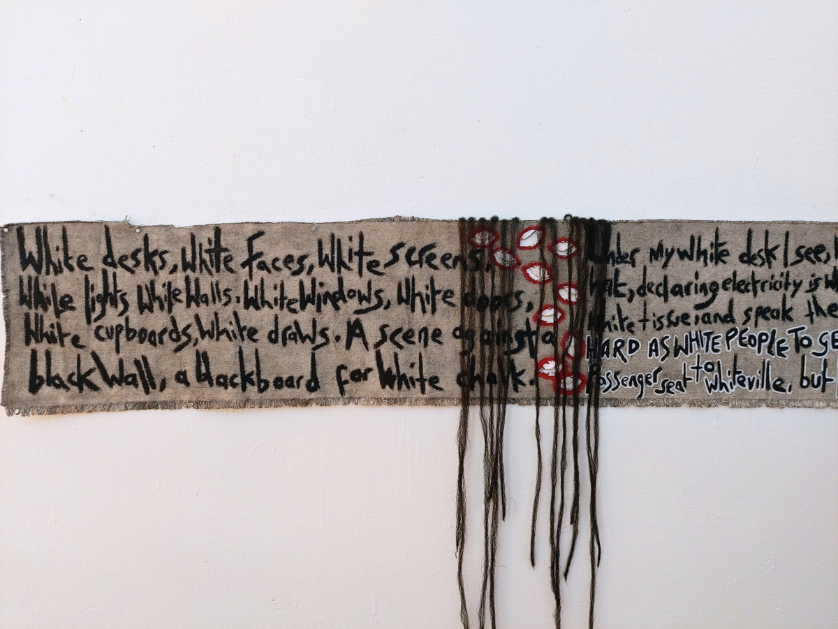 EYEZZZ WHYZZZ (detail 1), Hope River, 2024, Acrylic, oil pastel, synthetic hair, and a comb on unstretched canvas, 283 x 100cm