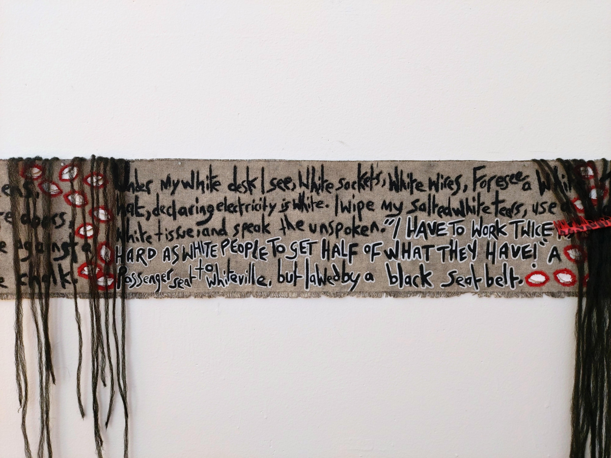 EYEZZZ WHYZZZ (detail 2), Hope River, 2024, Acrylic, oil pastel, synthetic hair, and a comb on unstretched canvas, 283 x 100cm