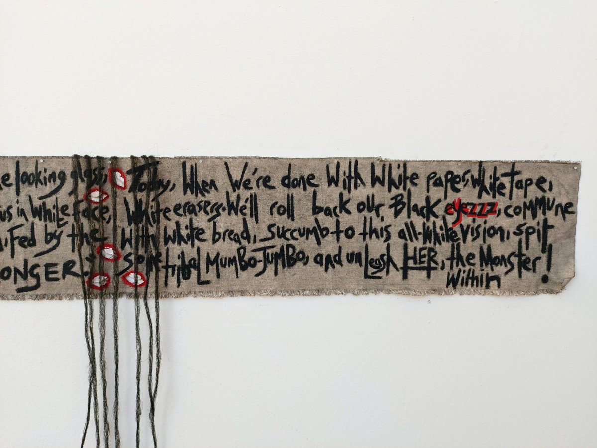 EYEZZZ WHYZZZ (detail 4), Hope River, 2024, Acrylic, oil pastel, synthetic hair, and a comb on unstretched canvas, 283 x 100cm