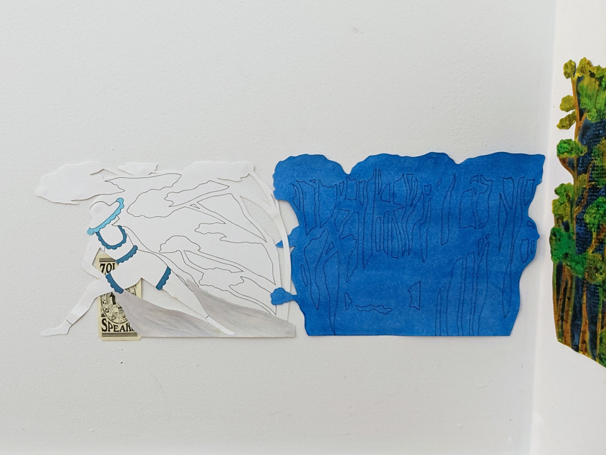 HAUNTED POINT: THE MAGICAL NEGREZZ (detail 1), Hope River, 2024, Acrylic, oil pastel, synthetic hair, split pins, and a found object on paper, 178 x 70cm