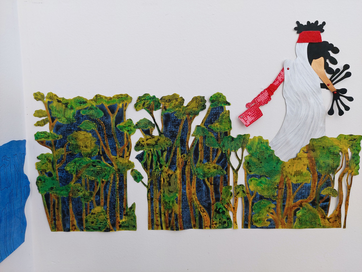 HAUNTED POINT: THE MAGICAL NEGREZZ (detail 2), Hope River, 2024, Acrylic, oil pastel, synthetic hair, split pins, and a found object on paper, 178 x 70cm