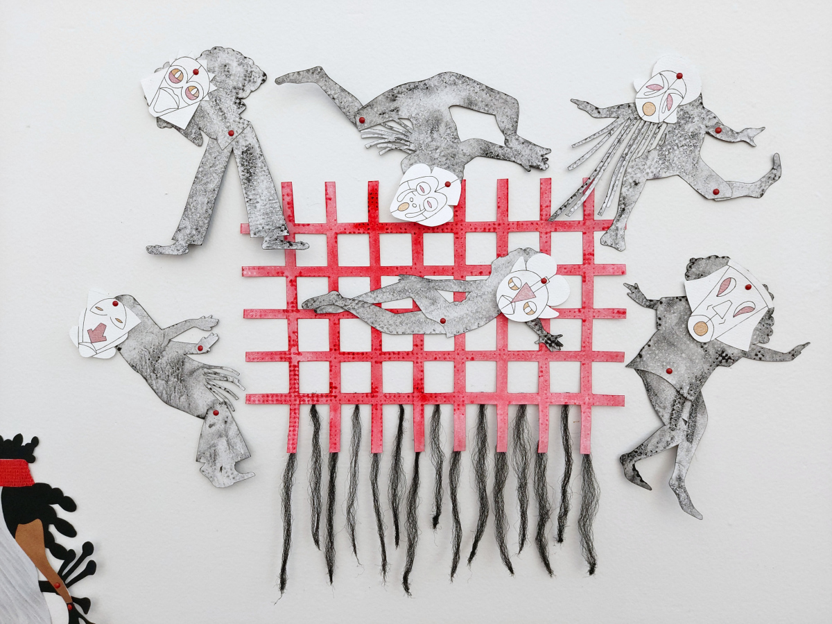 HAUNTED POINT: THE MAGICAL NEGREZZ (detail 3), Hope River, 2024, Acrylic, oil pastel, synthetic hair, split pins, and a found object on paper, 178 x 70cm