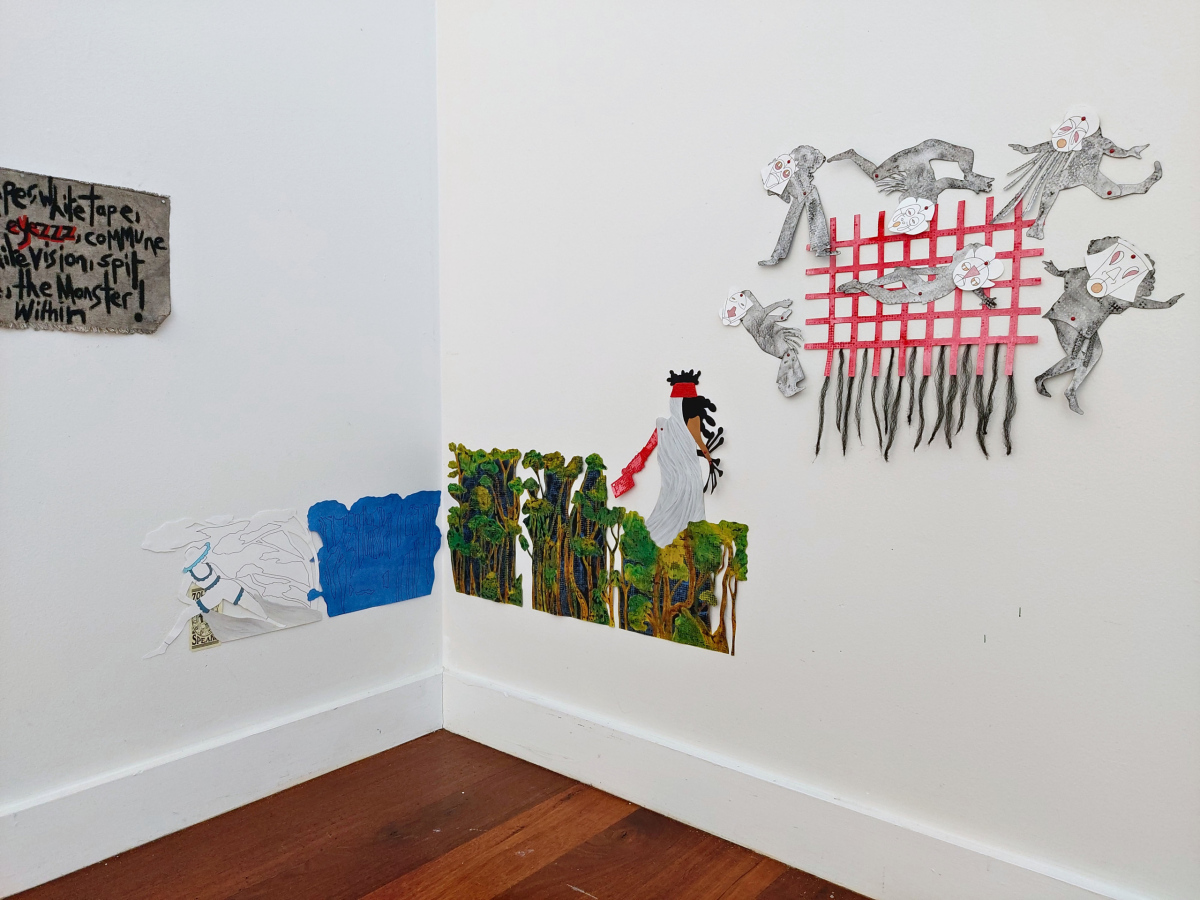 HAUNTED POINT: THE MAGICAL NEGREZZ, Hope River, 2024, Acrylic, oil pastel, synthetic hair, split pins, and a found object on paper, 178 x 70cm