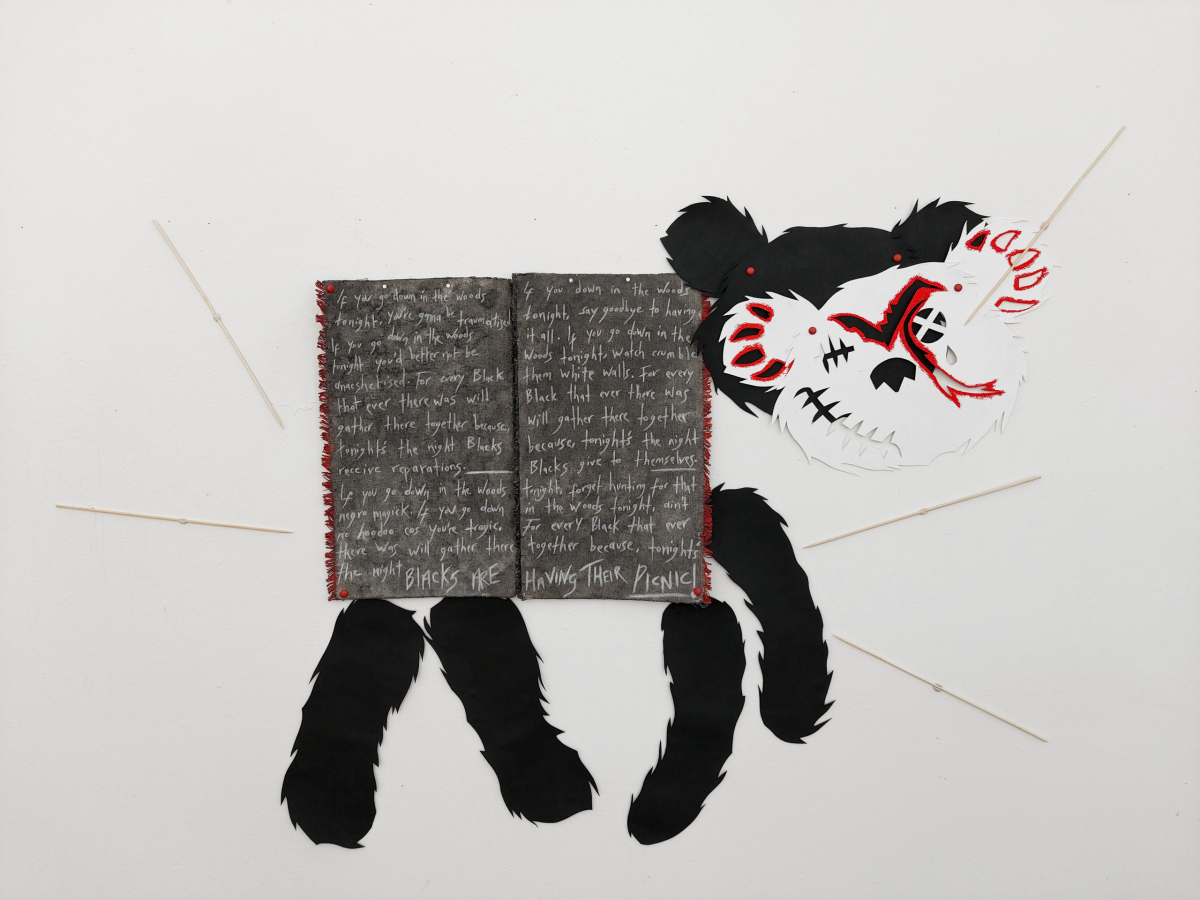 TEDDY BEARZ PICNIC, Hope River, 2024, Acrylic, pastel, oil pastel, bamboo sticks, and split pins on unstretched canvas and paper, 114 x 73cm