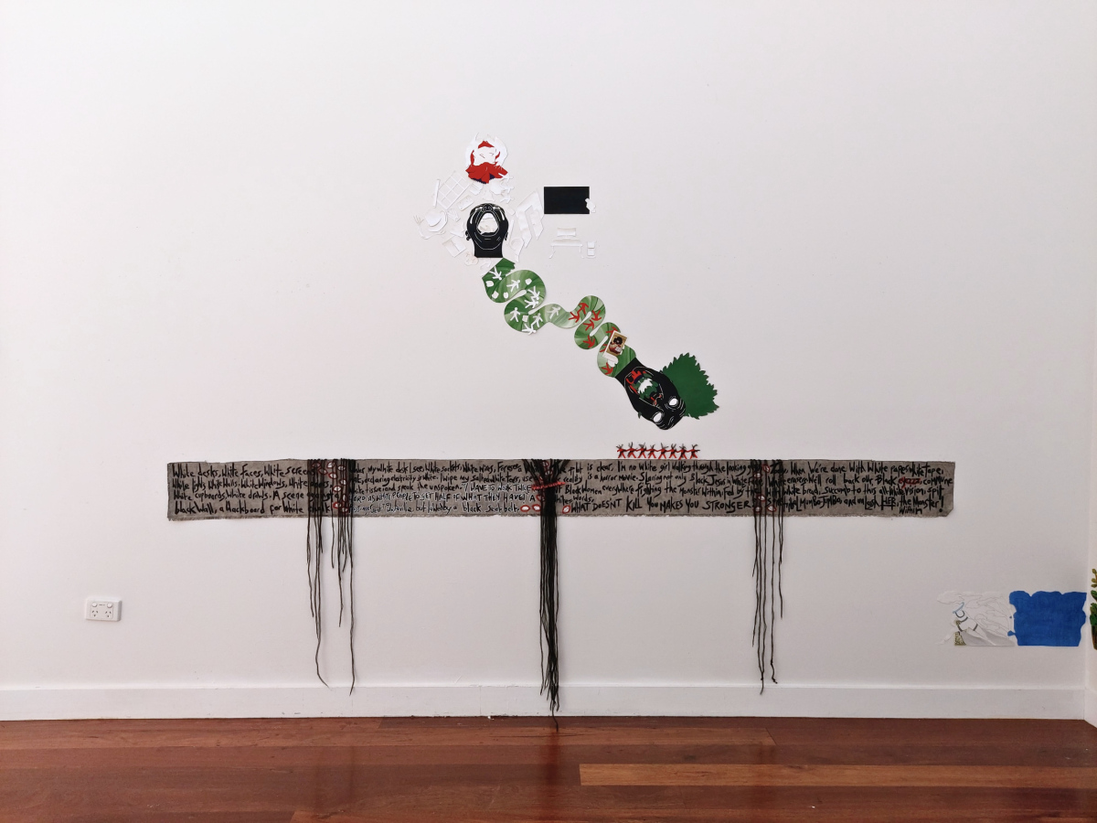 WHITE SUBTLETIEZZZZ, Hope River, 2024, Acrylic, and a found object on paper, 114 x 110cm
