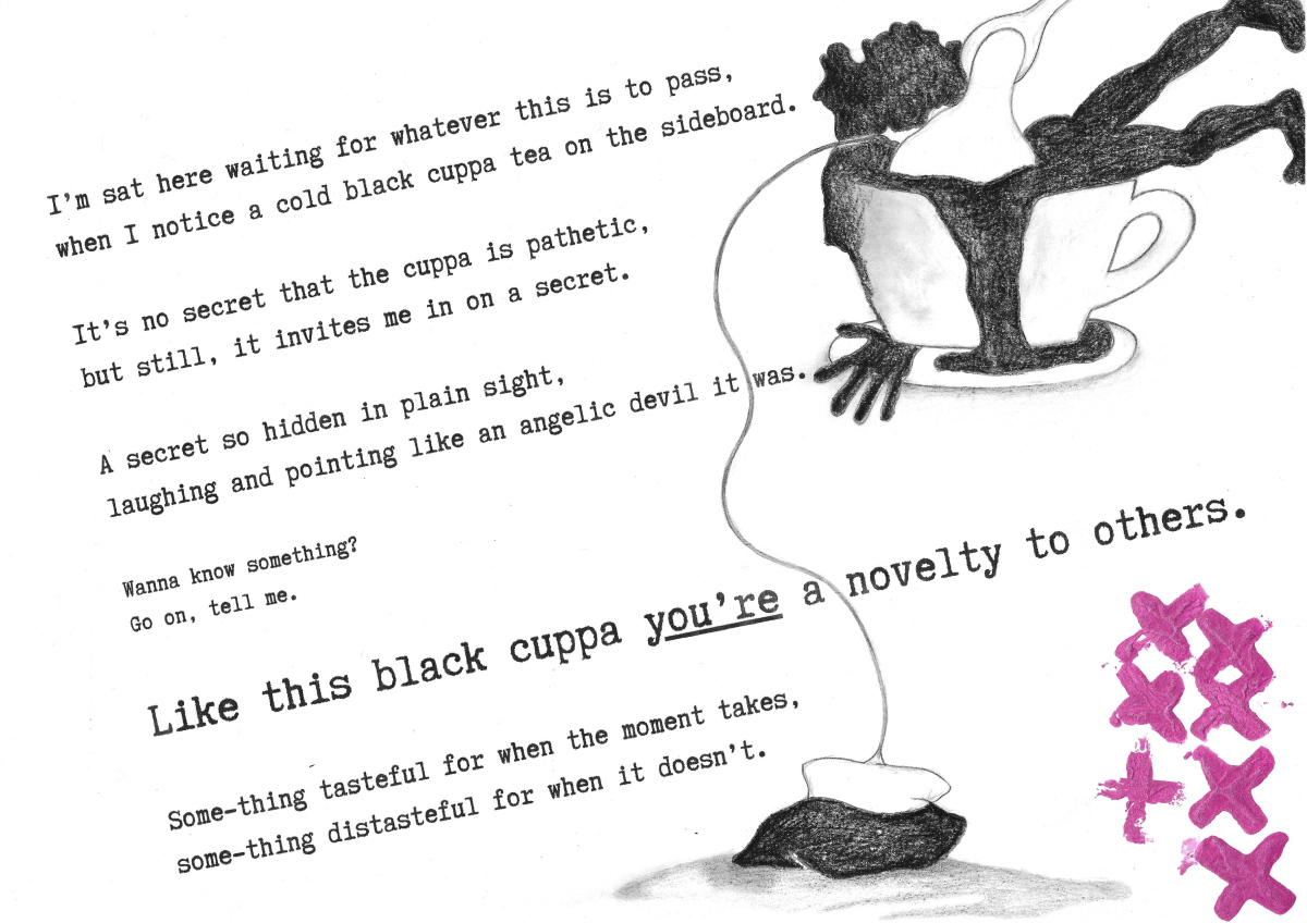 Racism is as British as a Cup of Tea, Fine China, Tea Leaves, Sugar and All, Hope River, 2023, Print, pencil, and acrylic on paper, 29.7 x 21cm