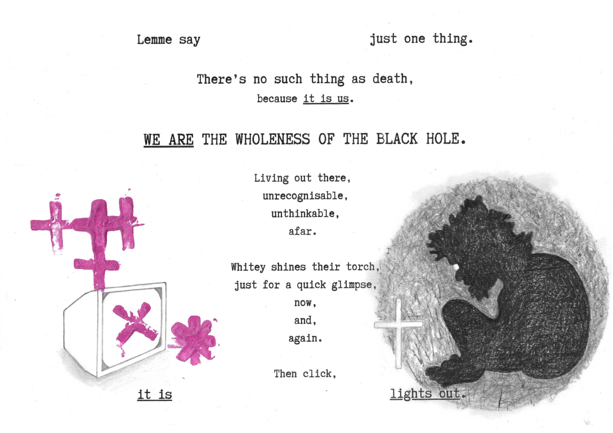 We Are the Wholeness of the Black Hole, Hope River, 2023, Print, pencil, and acrylic on paper, 29.7 x 21cm