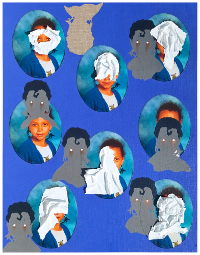 Girlz with Curlz, 2024, Hope River, Paper, print and acrylic on canvas board, 35.5 x 46cm