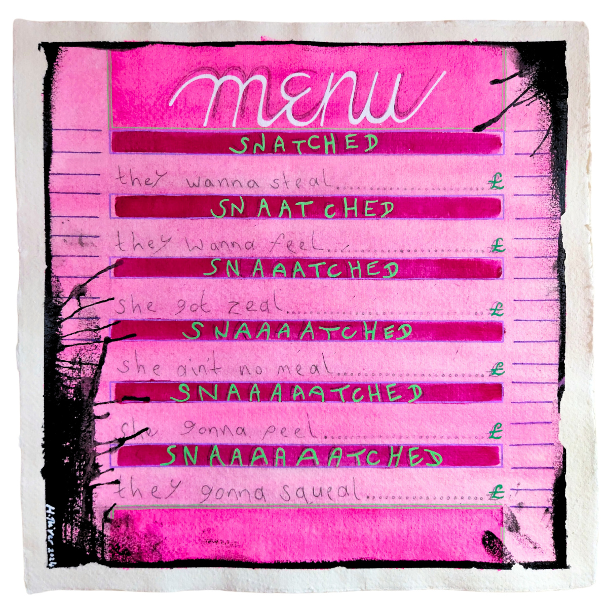 Hot Stuff Menu, Hope River, 2024, Acrylic and pencil on paper, 30 x 30cm