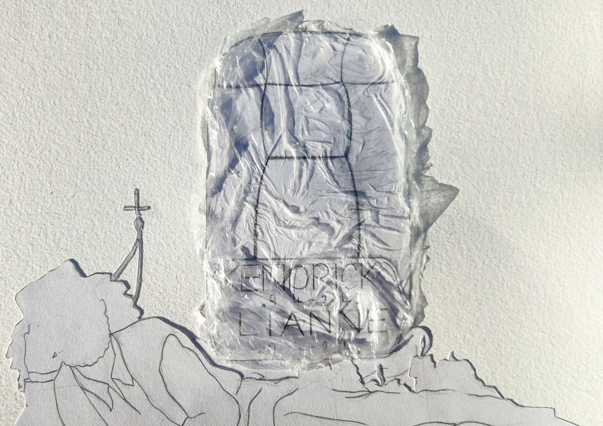 Shadow play (detail), Hope River, 2024, tracing paper, pencil, and cling film on paper, 42 x 59.4cm