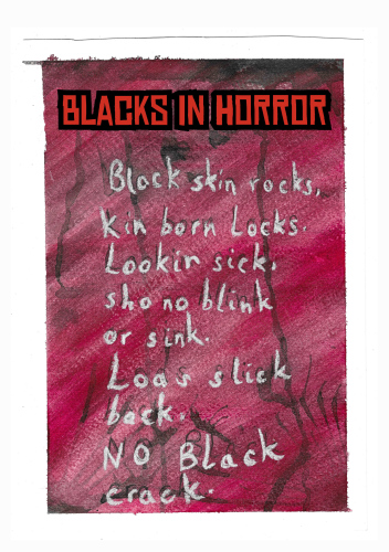 Blacks in Horror. Letter play, Hope River, 2024, Acrylic, pen, pastel, and print on paper, 14.8 x 21.6cm