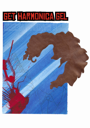 Get Harmonica Gel. An Anagram for The Magical Negro, Hope River, 2024, Acrylic, pencil, and print on paper, 18.5 x 20.1cm