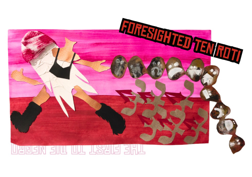 Foresighted Ten Roti. An Anagram for The First to Die Negro, Hope River, 2024, Acrylic, pastel, bandage, and print on paper, 50 x 26cm
